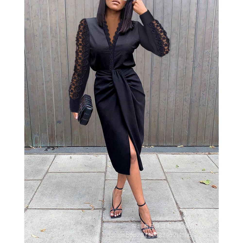 Осенне-зимнее женское кружевное платье с V-образным вырезом и длинными рукавами на талии