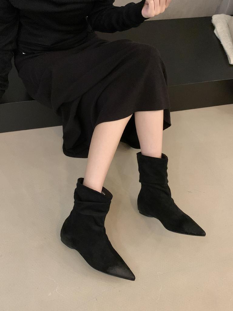 French Pointed Head Polished Color Inner Fold Thin Short Boots Women's Autumn and Winter New Retro Pleated Stacked Short Bare Boots