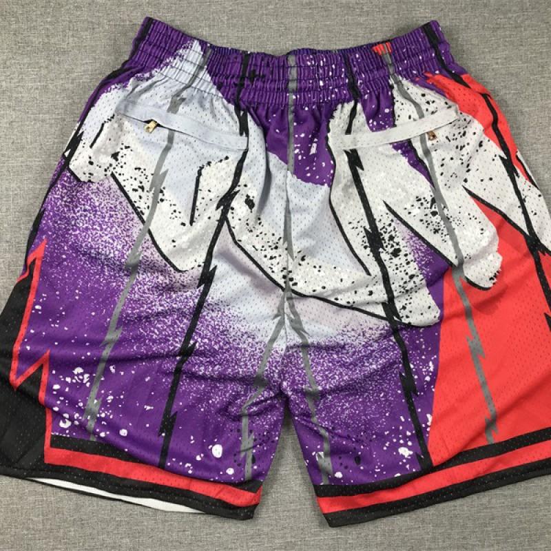 Mens Basketball Shorts Vintage Full Embroidery Zipper Pocket Team Sports Purple Swingman Cotton