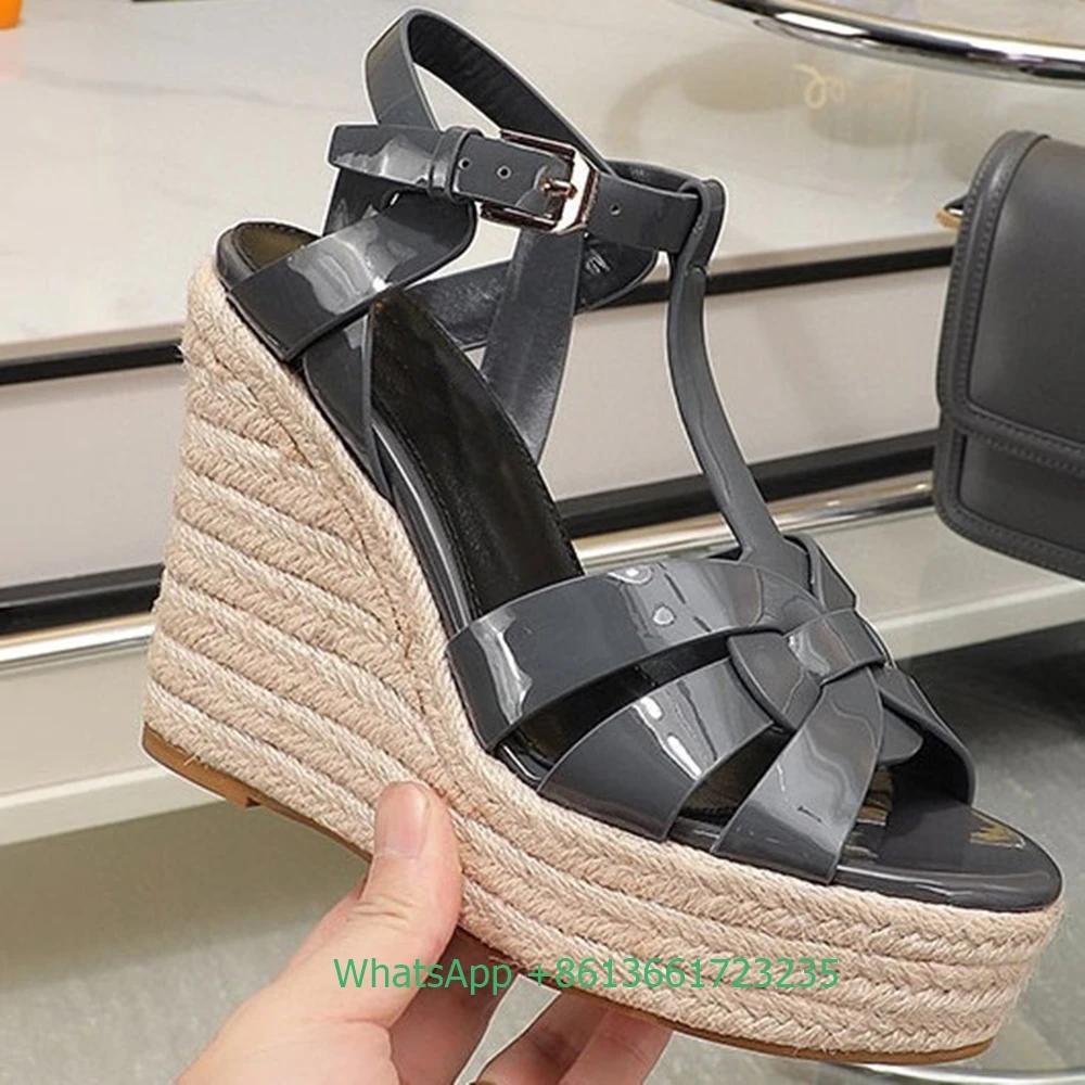 Босоножки женские на танкетке с открытым носком и перекрестными ремешками, однотонные, с открытым носком, из натуральной лакированной кожи, эспадрильи, новейшие летние, каблук 14 см