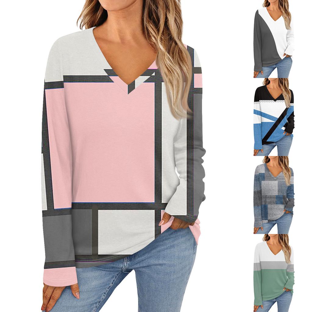 Women's Fashion Casual V Neck Long Sleeve Printed T-Shirt Ladies Top