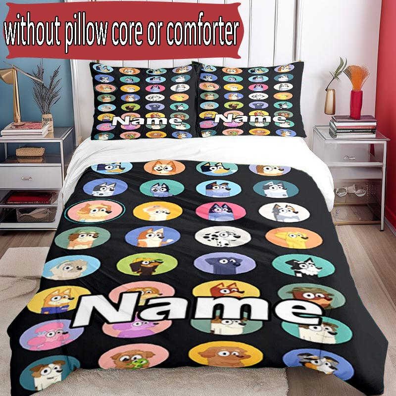 3pcs Duvet Cover Set (1*Duvet Cover + 2*Pillowcase, Without Core), Custom Name Bluey Pattern Bedding Set, Home Bedroom Decor Gift