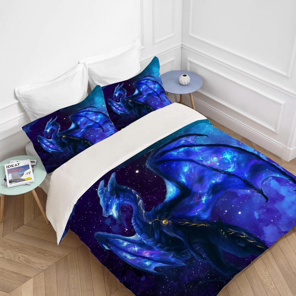 Longtu Three-Piece Quilt Cover 3D Digital Printing Bedding Set Blue Bed Cover
