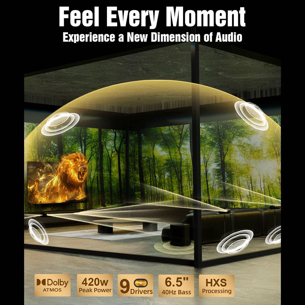 Hiwill A51 Pro 5.1-канальный саундбар, комплект динамиков-сабвуферов, Dolby Atmos, 6,5-дюймовый беспроводной сабвуфер, 9 динамиков, пиковая мощность 420 Вт