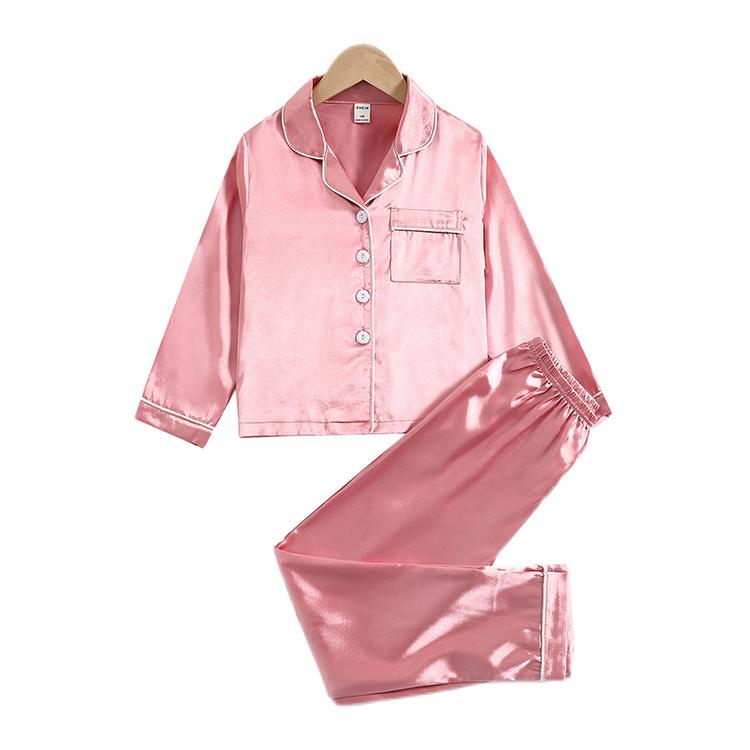 Детский пижамный комплект из атласного шелка Ice Silk - однотонный, с длинными рукавами, легкий, из двух частей для девочек
