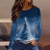 Women's Fashion Casual Slit Hem Round Neck Long Sleeve Loose Christmas Printed T-Shirt Ladies Top