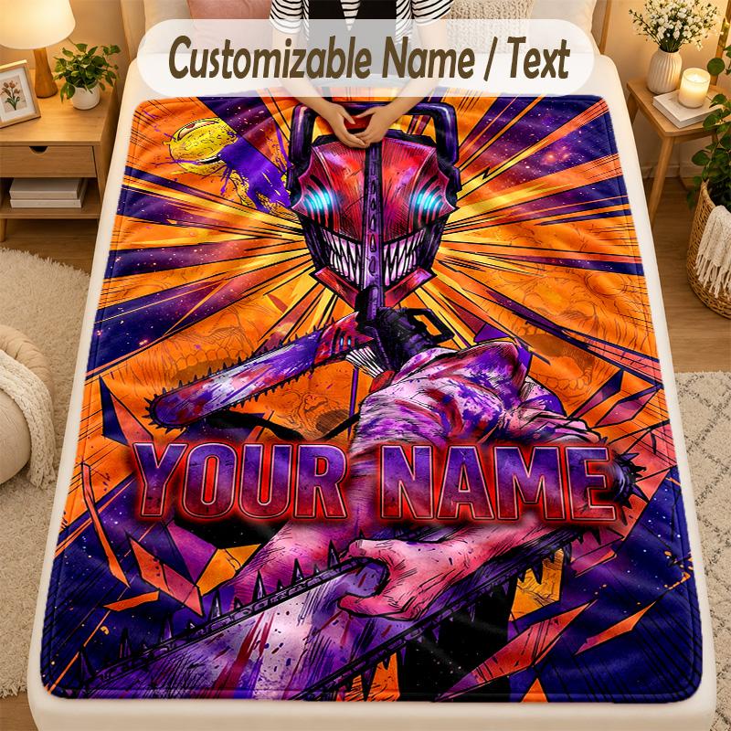 Flannel BlanketChainsaw Man Custom Name Text Personalized Soft Warm Throw Blanket Home Decor Gift