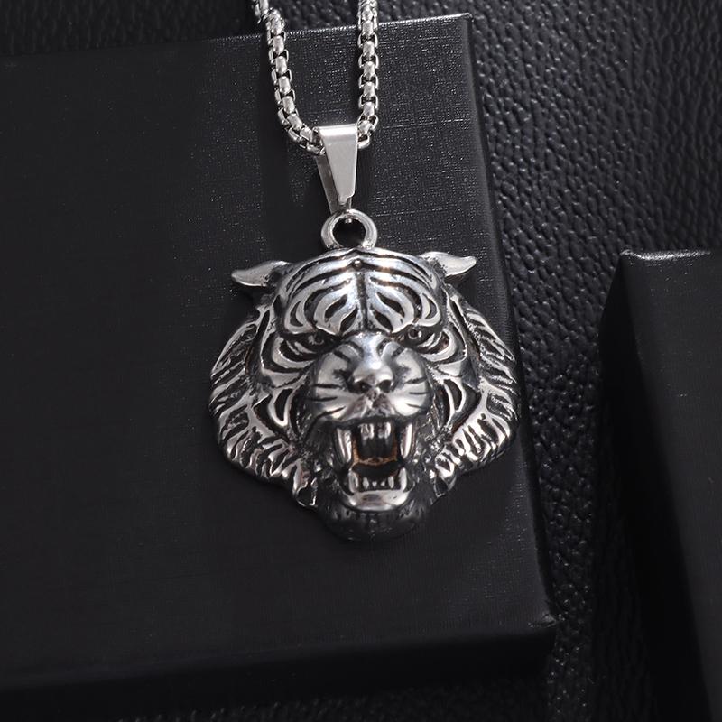 Fashionable Tiger Head Pendant Animal Tiger Necklace Men\\\'s Punk Hip Hop Trendy Casual Jewelry Gift