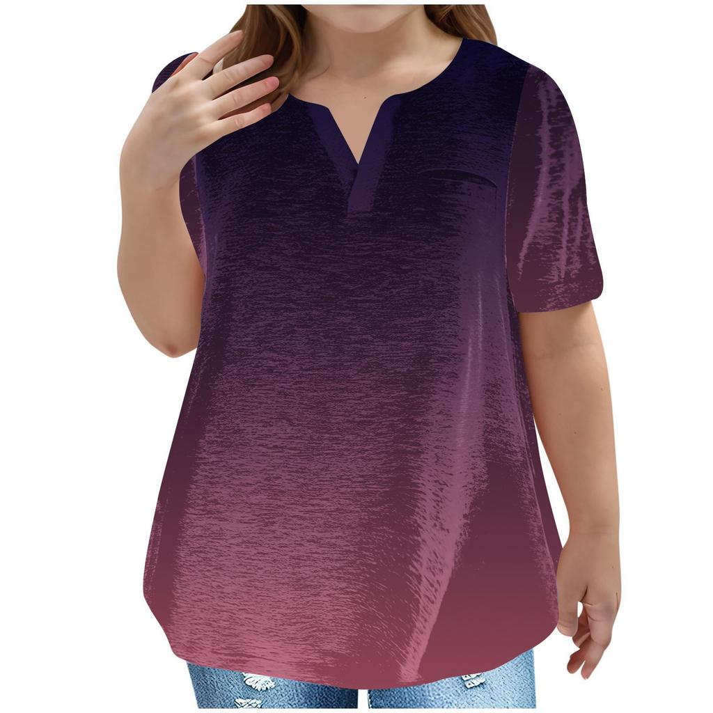Children's Plus-size T-shirt Gradient Casual Fashion V-neck Short-sleeved Pocket Top