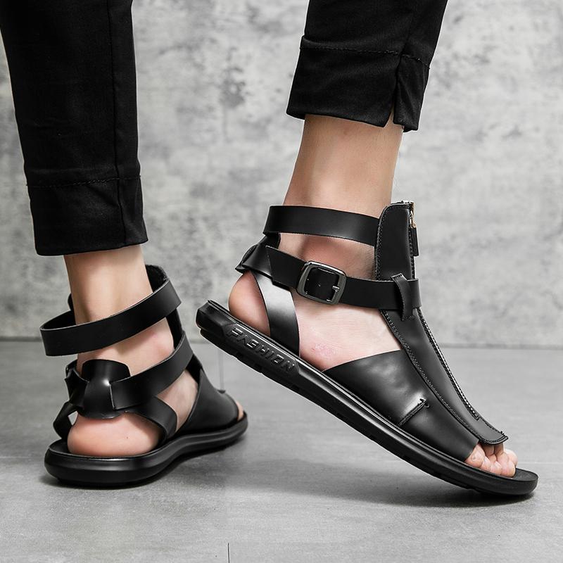 Лето Новые Мужские Гладиаторы Высокое Качество Кожа Повседневная Обувь Дышащие Пляжные Сандалии Уличные Тапочки Черный Белый Большой Размер