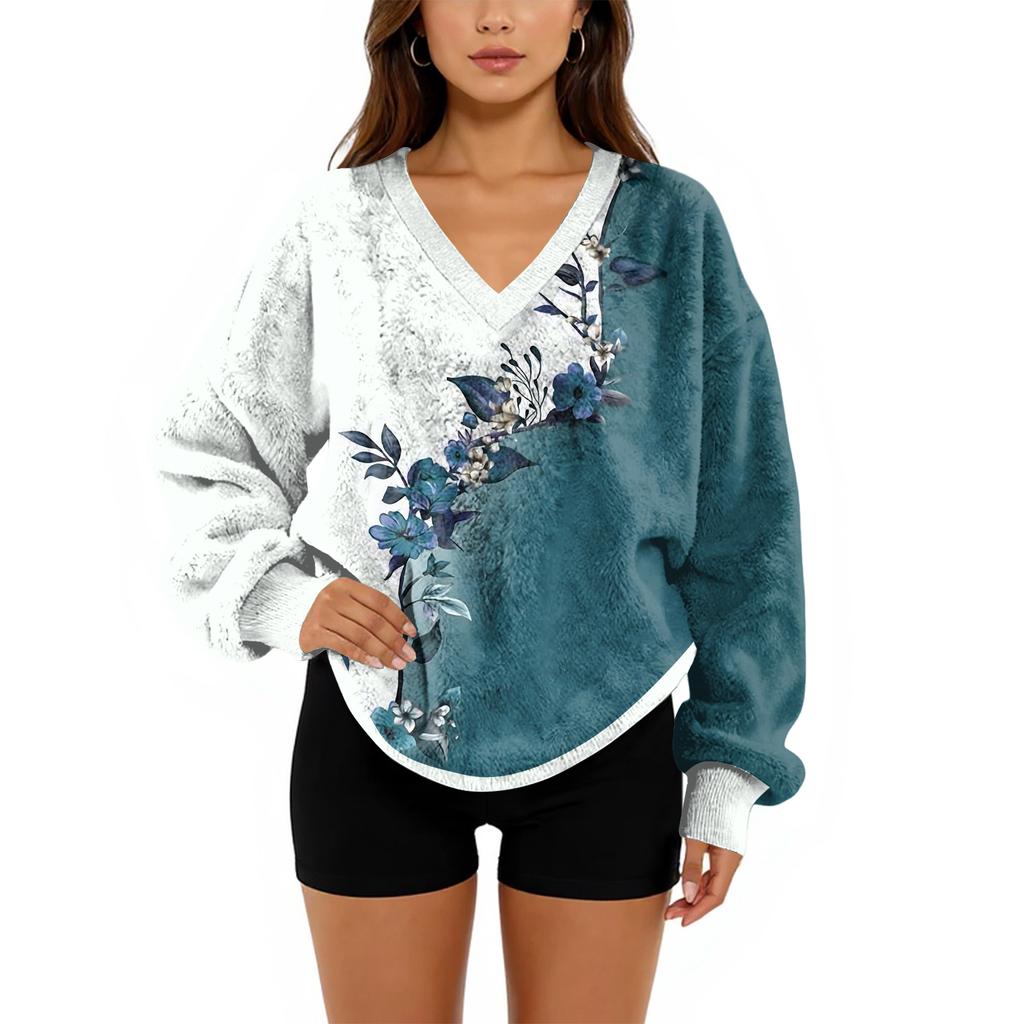 Women's V-Neck Sweatshirt Plush Solid Color Casual Fashion Long Sleeve With Pocketed Pullover Top