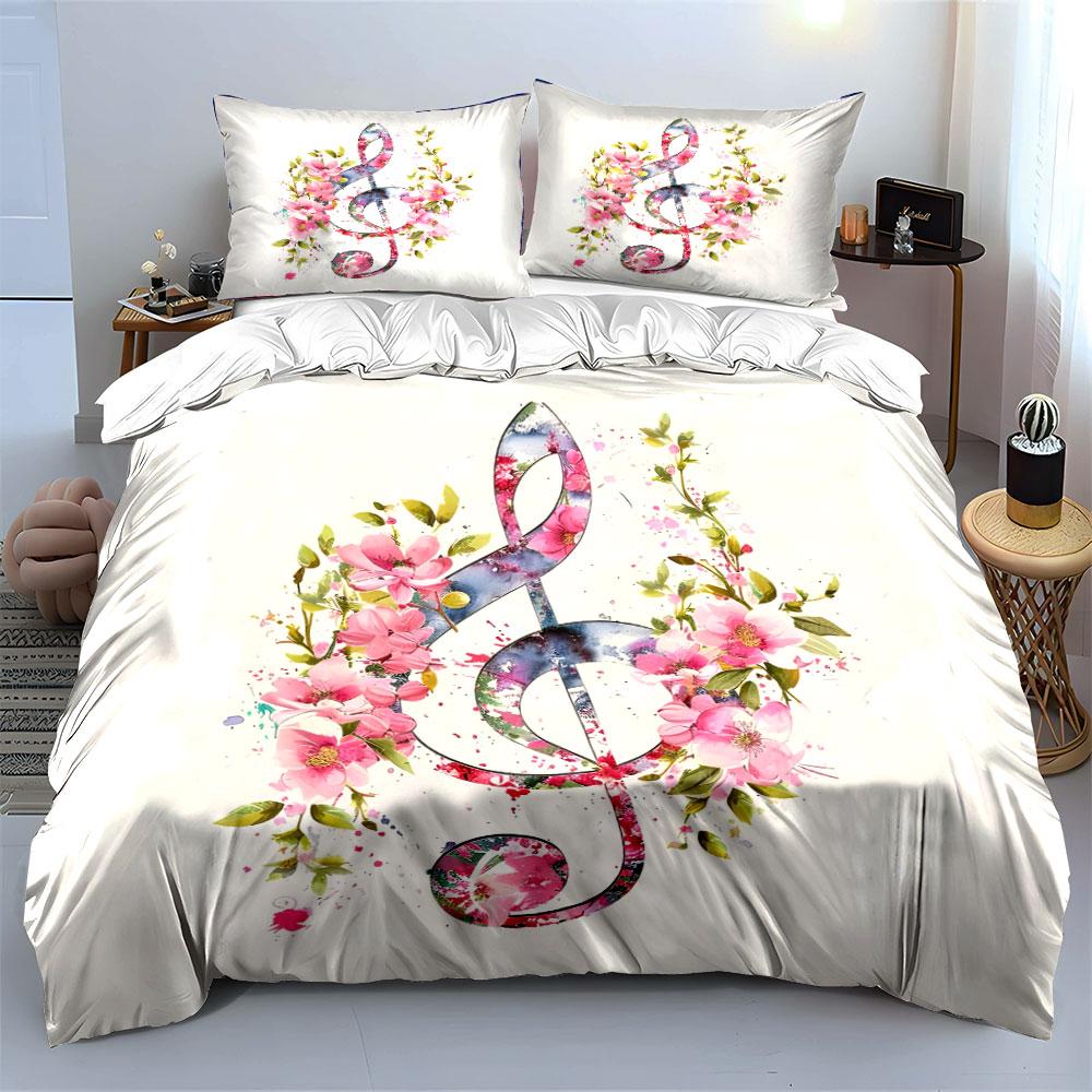 Floral Music Note Design Bedding Duvet Cover Set (1*Duvet Cover 2*Pillowcases, without duvet insert)