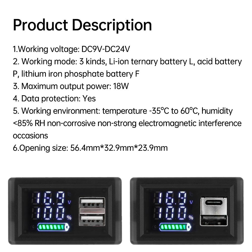 DC 9V 12V 24V Индикатор уровня заряда батареи Измеритель емкости литиевой батареи Тестер со светодиодным дисплеем Вольтметр Двойной USB