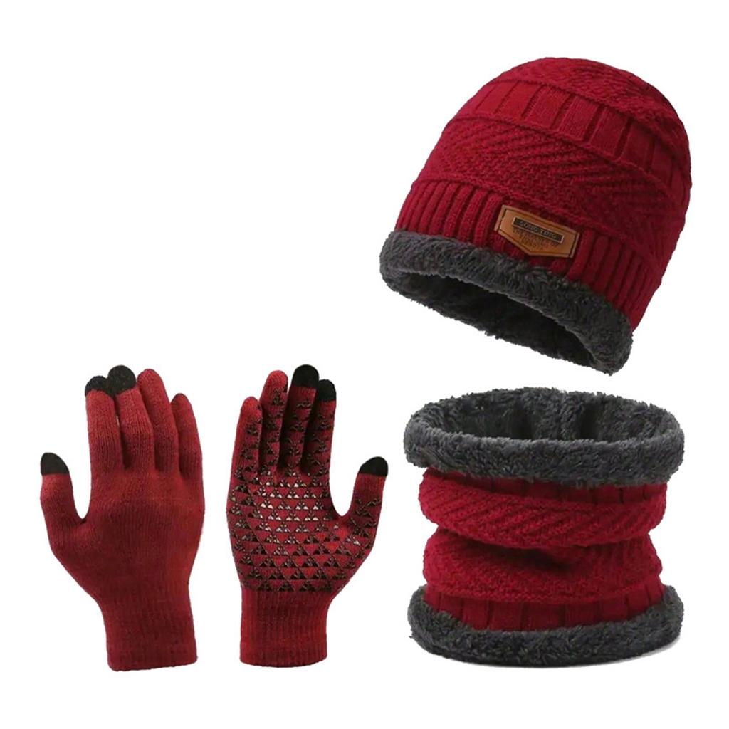 Three-piece Knitted Hat, Winter Warm Hat, Non-slip Screen Gloves, Plus Velvet And Thick Wool Scarf Hat