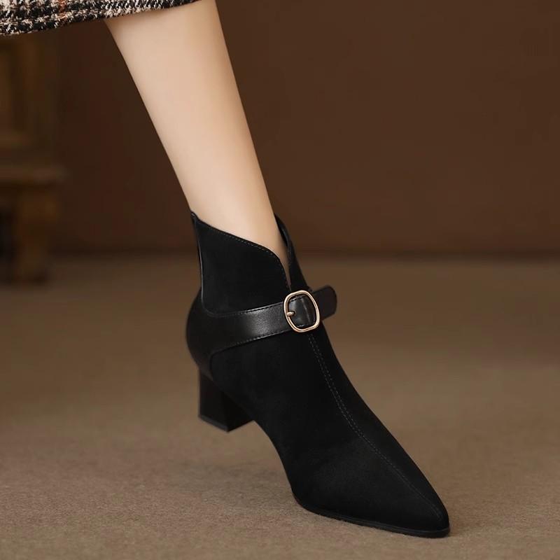 New Autumn Winter Sheep Suede Women Boots Pointed Toe Chunky Heel Boots Genuine Leather Ankle Boot Shoes for Women Handmade