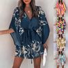 Women's Summer 3/4 Sleeve V Neck Holiday Dress Boho Print Drawstring Sun Beach Dress