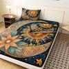 Vintage Sun Moon Floral Print Fitted Sheet Set,3Pcs Dark Blue Starry Sky Celestial Sun Face Crescent Moon Flower Pattern Bedding