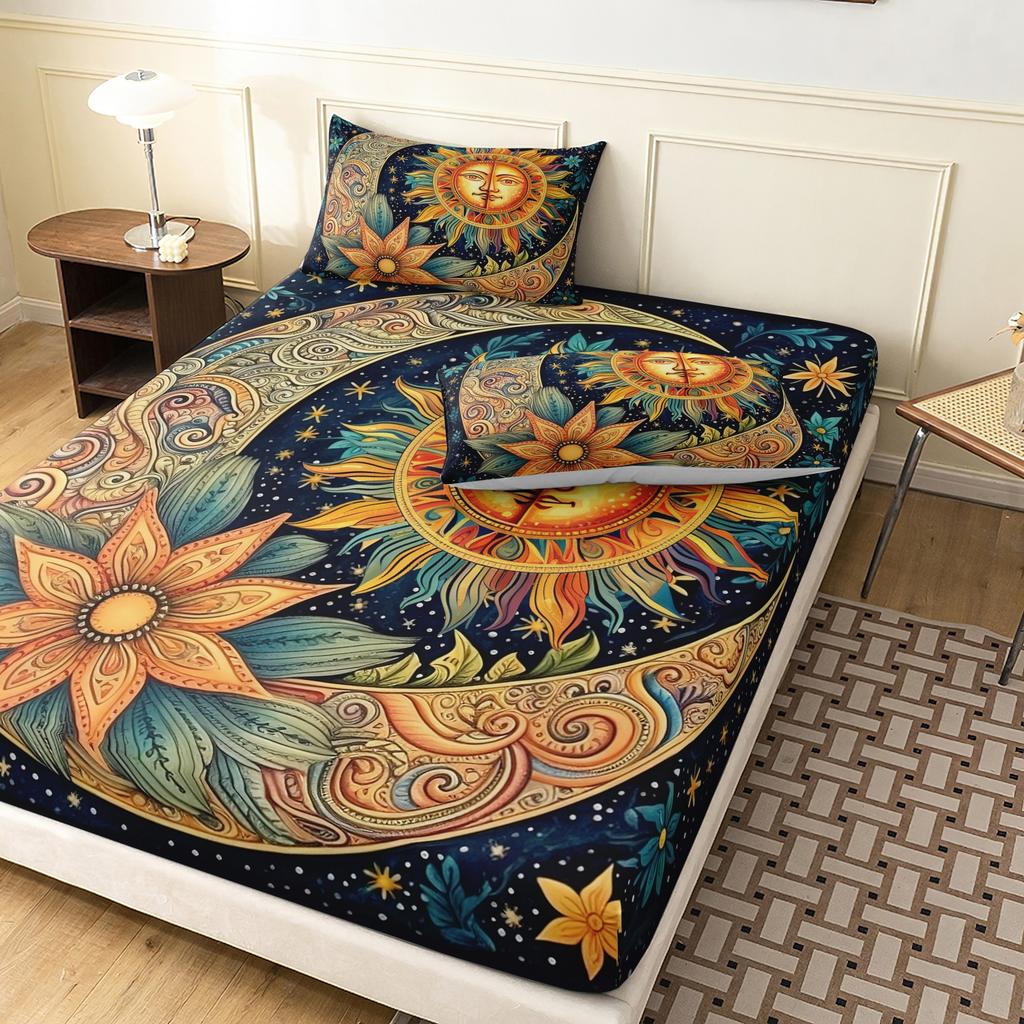 Vintage Sun Moon Floral Print Fitted Sheet Set,3Pcs Dark Blue Starry Sky Celestial Sun Face Crescent Moon Flower Pattern Bedding