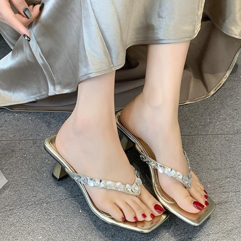 Fashion 2025 New Women Slippers Slip On Flip Flops Med High Heels Summer Shoes Woman Black Slides Crystals Pink Sandalias