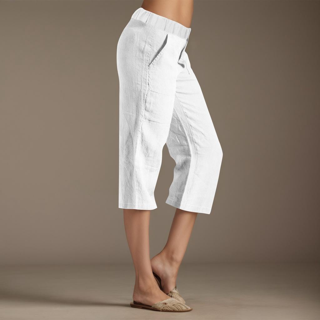 Женские однотонные брюки из хлопка и льна, свободные брюки с 7 точками и карманами
