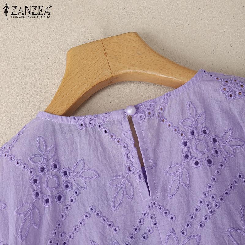 ZANZEA Женская повседневная летняя блузка с круглым вырезом и коротким рукавом с кружевной вышивкой