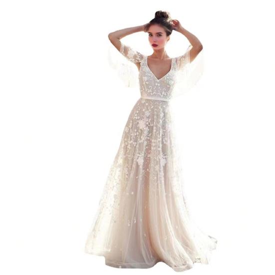 Lace Flared Sleeve Wedding Dress for Bride Deep V Neck Open Back Bridal Ball Gown Boho Beach Swing Dress