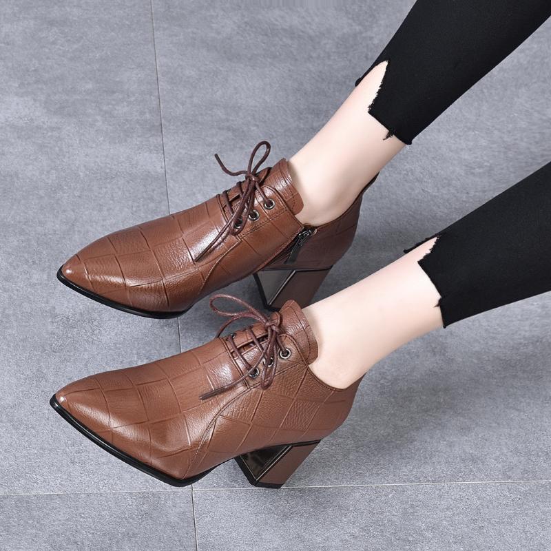 New Women's Mid-heel Lace-up Leather Shoes Genuine Leather Deep-mouth Soft Leather High Heels