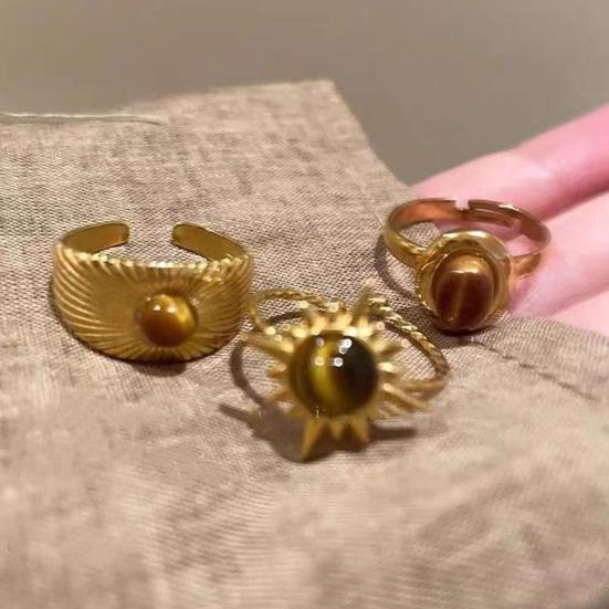 Кольцо с камнем тигровый глаз в форме цветка, ретро-золотое кольцо на указательный палец, гальваническое геометрическое широкое регулируемое кольцо для взрослых, клубных вечеринок, ювелирные изделия