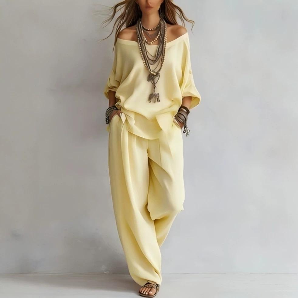 1116 European and American new casual suit one-word shoulder loose top wide-leg pants women's two-piece set
