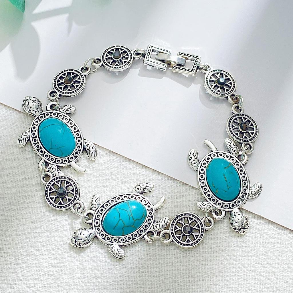 Винтажное экзотическое модное бирюзовое ожерелье с черепахой, комплект из трех частей, браслет, ювелирные серьги