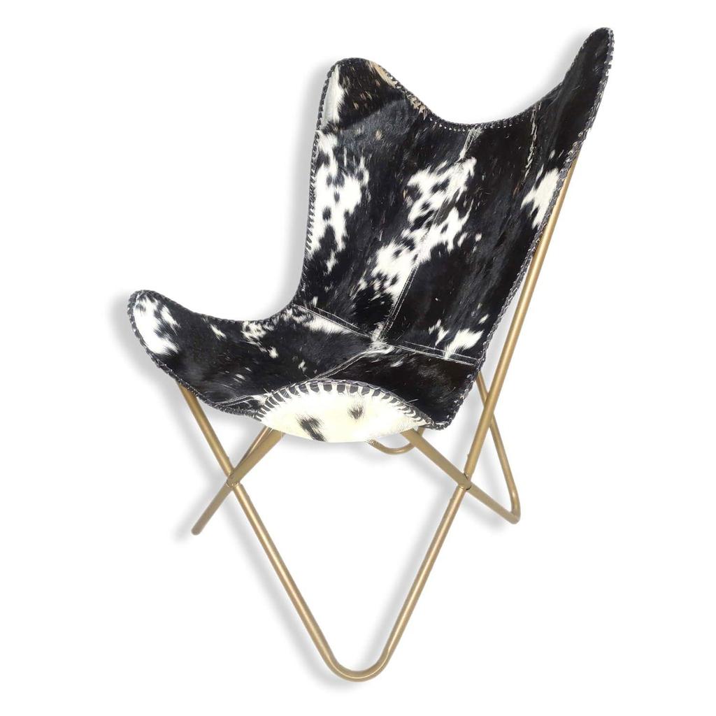 Черно-белые волосы на кожаном кресле-бабочке - удобное кресло-бабочка для гостиной с подлокотниками - с железной подставкой с золотистым порошковым покрытием