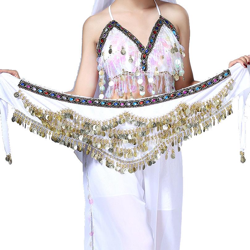 Belly Dance Waist Chain and Arm Scarf with Colored Rhinestones for Practice and Performance