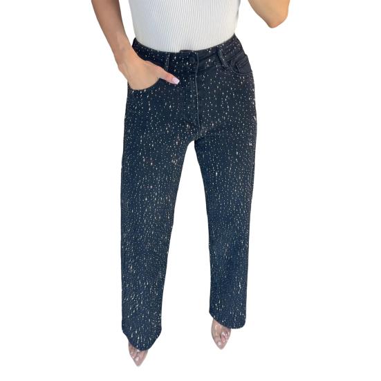 Джинсы с искусственным жемчугом для женщин, с высокой посадкой, прямые, стрейч, из денима, повседневные, широкие, с бисером, мешковатые