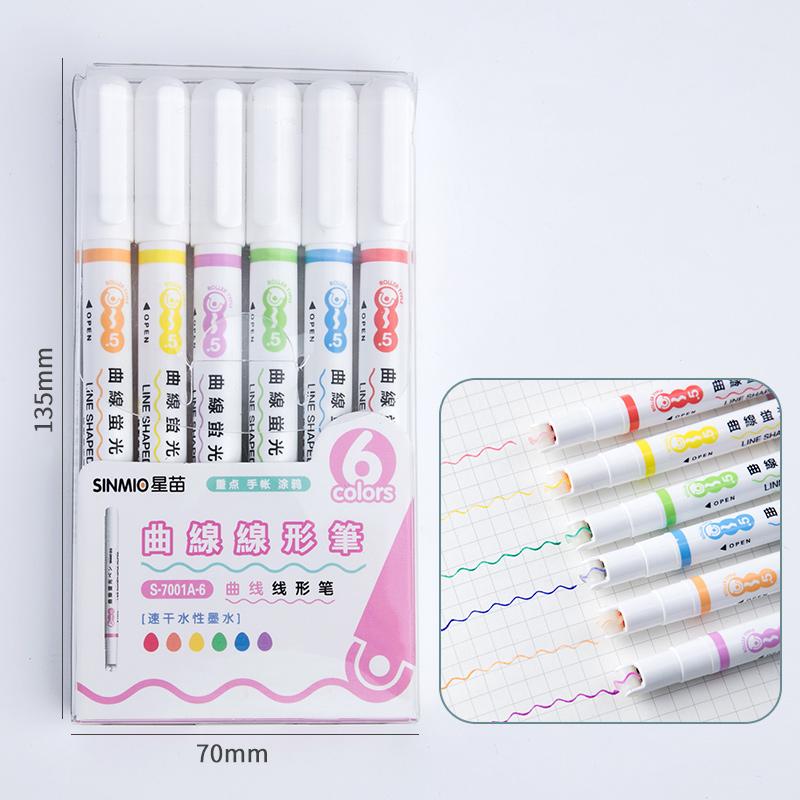 6 шт., маркер в форме линии, многоцветный роликовый наконечник, изогнутый лайнер, маркер, новинка, канцелярские принадлежности, школа