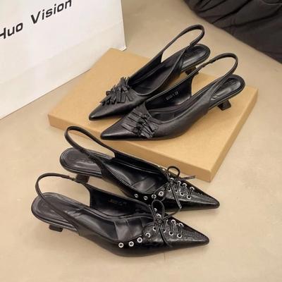 Мода 2025 Новые летние французские черные туфли-лодочки с острым носком и бантом на среднем каблуке, сандалии без задника для женщин, элегантные туфли на тонком каблуке с открытой пяткой