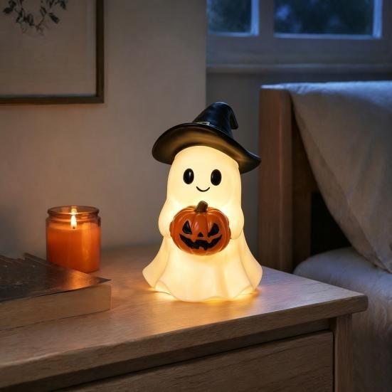 Safety flameless night lights Halloween ghost statues, cute resin holding pumpkins decorate holiday statues for tabletop interior home decoration
