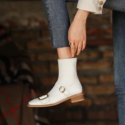 Модные женские короткие ботинки Kaky с квадратным носком из натуральной коровьей кожи, с металлической пряжкой на ремне, на среднем каблуке, эластичные ботинки