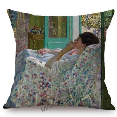 Us Frederick C. Frieseke Impressionism Oil Painting Flower Garden Madame Lady Girl Sofa Pillow Case Green Spring Cushion Cover