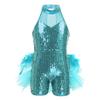 Kids Girls Ballet Latin Dance Costumes Sleeveless Sequins Mesh Splice Cutout Back Leotard Jumpsuit