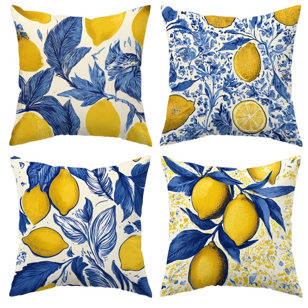 4Pcs Lemon Throw Pillow Covers, Mediterranean Blue , Summer Farmhouse Style Pillowcase For Sofa Couch Living Room Decoration