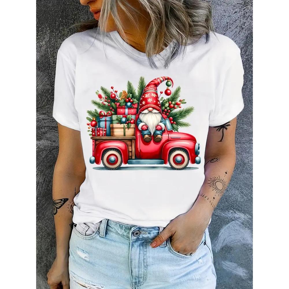 Women's Christmas Dwarf Pattern T-shirt Short Sleeve Round Neck Casual Top Washable Holiday Party Women's Clothing