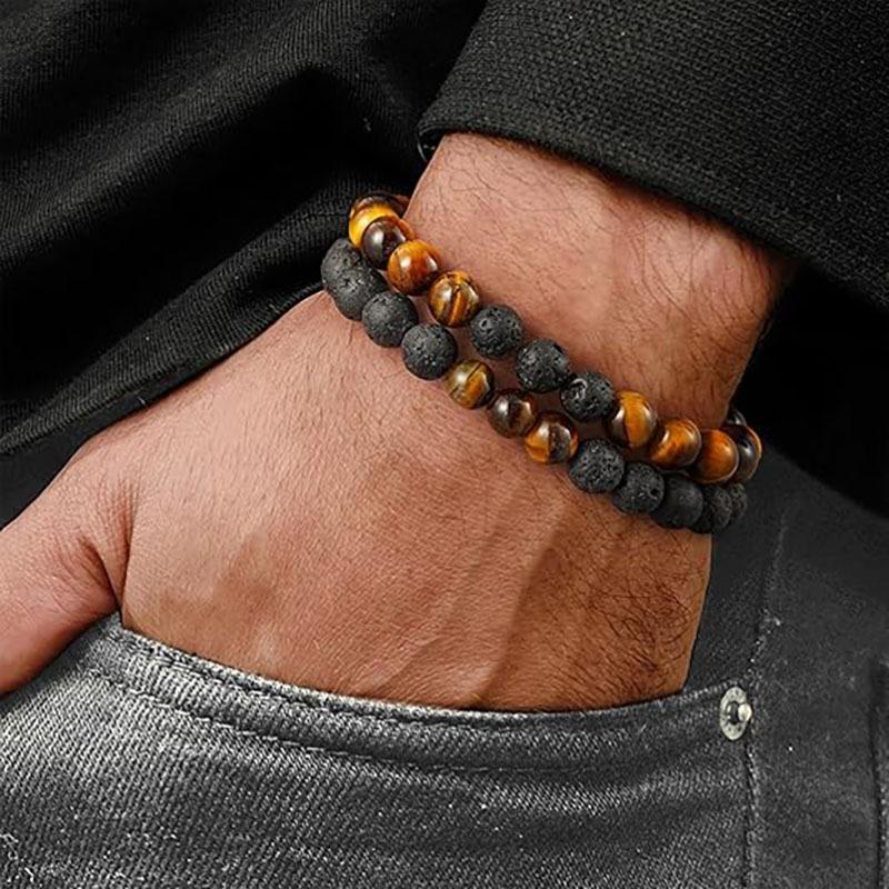 Мужской плетеный браслет из тигрового глаза и лавового камня - Подарок, ручная работа, бусины из черного агата 8 мм