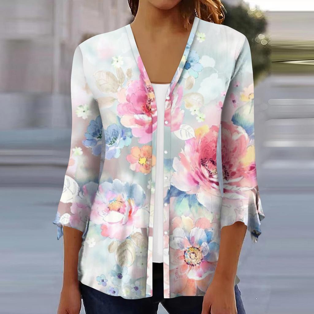 Женская модная свободная повседневная блузка на пуговицах с рукавами из семи частей и принтом, кардиган, топ