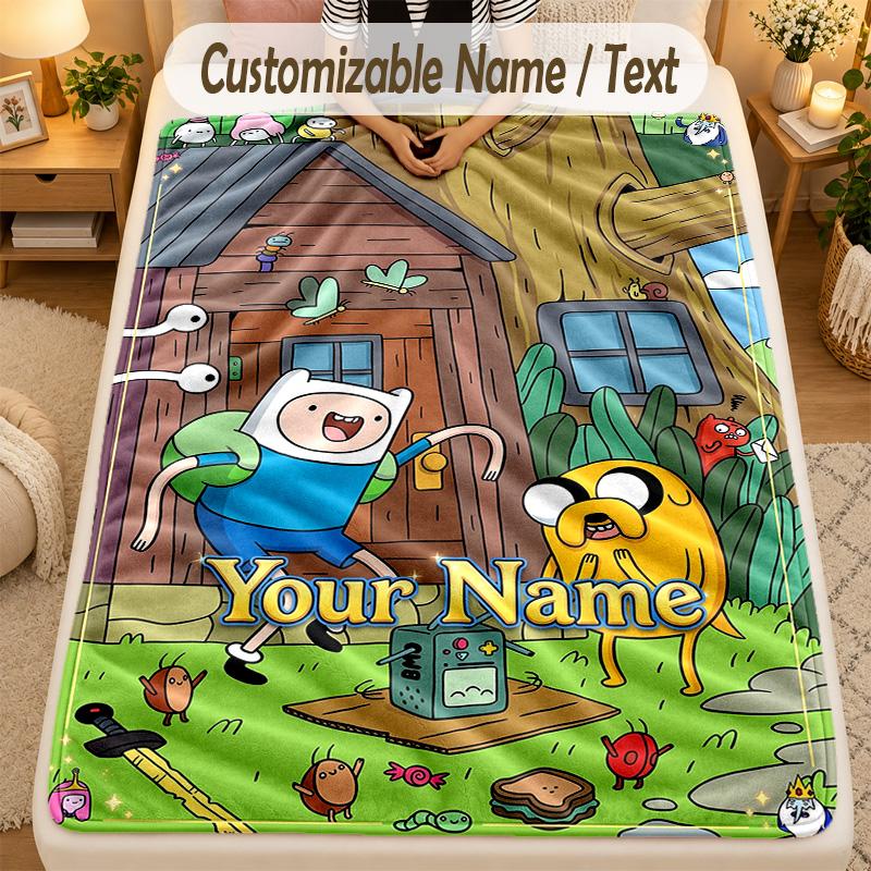 Flannel BlanketAdventure Time cartoon Custom Name Text Personalized Soft Warm Throw Blanket Home Decor Gift