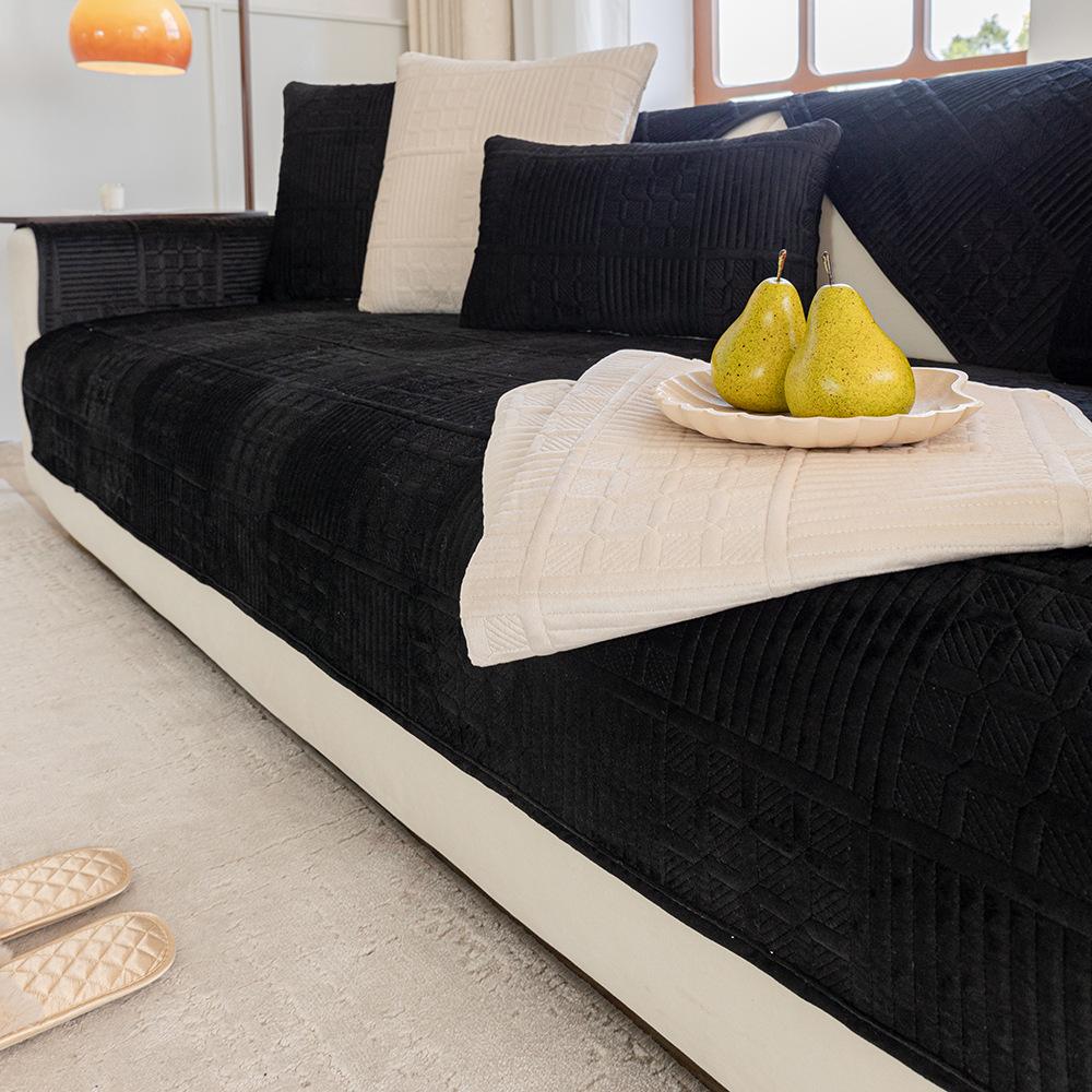 Nordic Simple Solid Color Modern Plush Sofa Cushion Four Seasons Universal Embroidery Non-Slip Seat Cushion Dutch Velvet Sofa Cover Towel