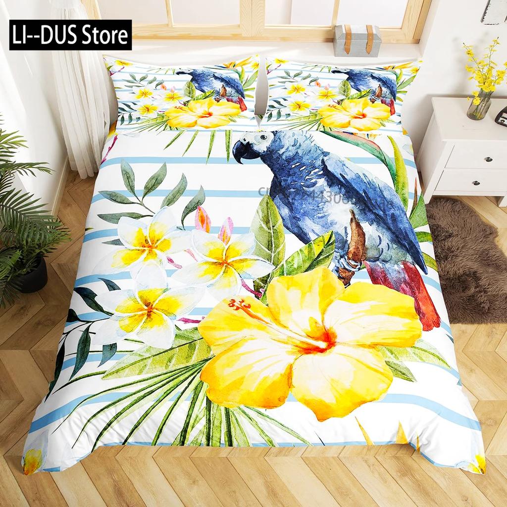 Тропические Листья и Попугаи 3-предметный Комплект Постельного Белья с Мягким Пододеяльником и 2 Наволочками Декоративная Печать для Всех Сезонов