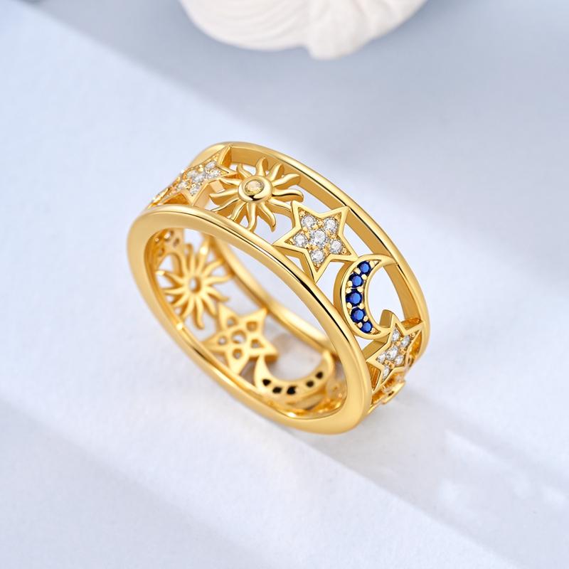 Ring 925 Sterling Silver Sparkling Gold Heart Star Moon Chain Ring For Women Man Girl Wedding Anniversary Part Ring Jewelry Gift