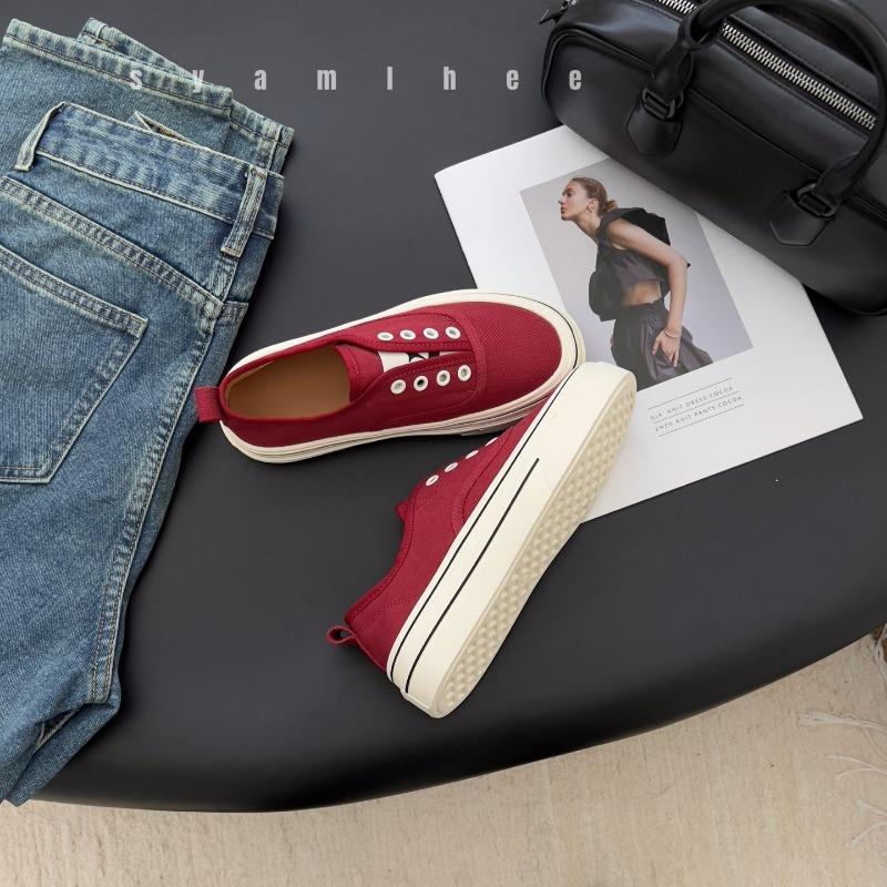 Leather one-pedal heightening platform casual canvas shoes women's spring and autumn new retro lace-free sports shoes