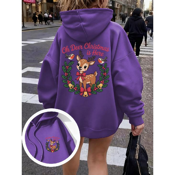 Women's Hot-Selling Autumn/Winter Christmas Deer Print Sport Hoodie, Casual Long-Sleeve Drawstring Pullover