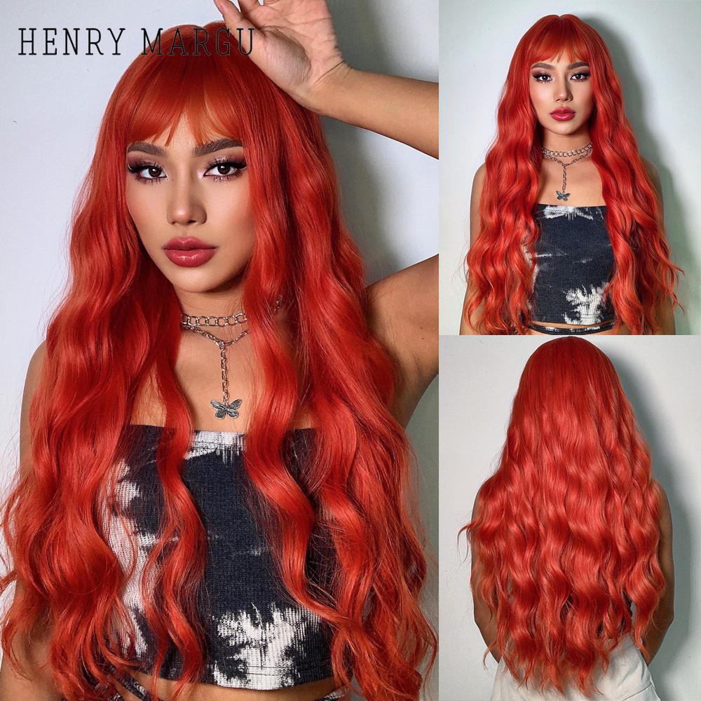 HENRY MARGU Red Ginger Copper Yellow Synthetic Wig for Women Long Curly Wave Wigs with Bangs Cosplay Party Heat Resistant Hair